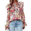 Duyeuau Camicetta da donna casual a maniche lunghe a sbuffo con scollo a pieghe con polsini a punto smock camicie con stampa floreale, bianco, M