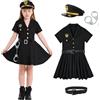 LOLANTA Costumi Polizia Bambina Uniforme Abito Poliziotto Set Carnevale Costume di Halloween Giornata Mondiale Delle Professioni Cappello+Cintura+Manette, Nero, 12-13 anni, XL