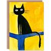 Artery8 Perched On Tree Bold Yellow Blue Black Cat Lover Blank For Him Or Her Art Birthday Card