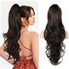 Flufymooz Extension a coda di cavallo da 66 cm, capelli lunghi mossi e ricci, con clip, capelli sintetici naturali, da donna per uso quotidiano (nero marrone)