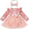 FYMNSI Vestito invernale in velluto, con fiocco di neve, per il 1° compleanno, con fascia, Colore: rosa., 9-12 Mesi