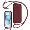 Coalbooliy Cover per iPhone 15 6,1 con Cordino per Cellulare, Custodia Silicone con Regolabile Collana Sottile Morbida Case Protezione della fotocamera Antiurto con Necklace, Rosso