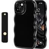 NITITOP Cover per iPhone 15 Carina Cute Bordo Ondulato per Ragazze Femminile con Cinturino Regolabile Cavalletto Chic Silicone Morbido Custodia con Antiurto-Nera