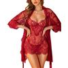 RSLOVE Lingerie da Donna Sexy - Set di Biancheria Intima in Pizzo con Motivo Floreale 3-Pezzi con Schiena a T Reggiseno e Camicia da Notte Négligé, rosso vivo, S