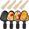 IPOW Set di 4 padelle triangolari per raclette con manici neri + spatola in legno - antiaderente professionale, 18,34 cm, design innovativo