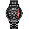 RWXCOW Orologio da polso da uomo, al quarzo, particolare decorazione del quadrante a forma di cerchione di auto sportiva, impermeabile e sportivo, design personalizzato 3D, Ago in acciaio nero