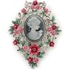 Avalaya Spilla argentata, colore: rosa / verde, motivo floreale, con cammeo, 70 mm di lunghezza