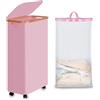 efluky Cesto portabiancheria con ruote, 75 l, pieghevole, con coperchio, rosa, sottile, con manici in bambù e sacchetto rimovibile per camera da letto, bagno, lavanderia