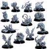 Forged Terrain Set di 14 pezzi in miniatura di draghi e mostri - Vera scala 32 mm Young Wyrmlings, Gufi e Pantere - Figure in resina completamente assemblate con basi rotonde da 25 mm e 32 mm incluse