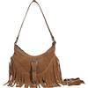 Sunwel Fashion Borsa a tracolla da donna in pelle scamosciata vegana, con frange, stile hippie, con nappe, Marrone