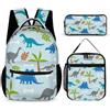Mateju Set Zaino Scuola per Bambini, Set la Scuola e da Viaggio per Bambini Stampa di Dinosauro, Composto da Zaino, Portapranzo e Astuccio per Bambini (Blu)