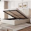 LUXOAK Letto imbottito con cassetta, testiera alta 115 cm, capienza e design cromato, struttura in legno massiccio, velluto (bianco crema, 140 x 200 cm)