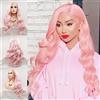 AFBeauty Parrucca rosa con pizzo frontale da donna, capelli lunghi ricci, ondulati, color pesca, rosa pastello, parrucca con capelli veri, parrucca sintetica senza colla, attaccatura dei capelli pre-pizzicata