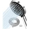 FASDUNT Soffione doccia cromata con tubo flessibile di alta qualità da 2 m, in acciaio inox e limitatore di flusso da 9,5 l/min, filtro per soffione doccia autopulente, materiale ABS di alta qualità