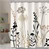 Omifly Tenda da doccia beige crema floreale 60 x 72 grigio talpa marrone silhouette fiore rustico boho foglie fiori selvatici piante botanico vintage set da bagno 12 ganci in plastica impermeabile
