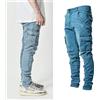 longchengyixi Jeans da uomo Pantaloni lavati tinta unita multitasche Denim Jeans cargo a vita media Pantaloni casual Fahsion taglie forti Abbigliamento quotidiano maschile - Beige