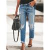 HTTEM Jeans dritti casual da donna pantaloni in denim slim strappati skinny lavati a vita alta 2025 pantaloni da donna per pendolari di tendenza della moda autunnale - dark blue