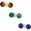 Bling Jewelry Set Di Tre Semplici Orecchini A Bottone Rotondi In Malachite Lapislazzuli E Occhio Di Tigre Per Donne E Uomini. In Argento Sterling .925 Diametro 8MM