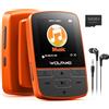WOLFANG Lettore MP3 da 64 GB con Bluetooth 5.2, clip sportiva, formato mini, peso 28,3 g, radio FM HiF, registratore vocale, auricolari inclusi, arancione