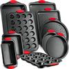 NutriChef Set 10 Teglie da Forno Antiaderente, Rivestimento Grigio Nonstick di Lusso all'Interno e all'Esterno, Qualità da Ristorante Commerciale in Metallo con Manici in Silicone Rosso