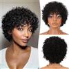 RUWISS Parrucca Afro Riccia Corta da 25cm Capelli Umani per Donne Nere Bob Ondulata con Frangia Parrucca a Piena e Soffice Senza Colla, Nero Naturale