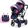 Bayer Design Design-26716AA 26716AA Carrozzina per Bambole Doppia, Passeggino gemellare, Regolabile in Altezza, Borsa, Colore Blu, Rosa, Stelle