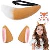 AOOWU 4 Pezzi Finto Peloso Volpe Gatto Orecchie Cosplay Set, Costume Volpe per Bambini Adulti, con Peluche Peloso Volpe Gatto Orecchie Volpe Coda e Adesivo, per Halloween Cosplay Costume Carnevale
