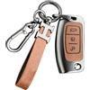 RXXR Custodia per chiavi auto marrone per Ford Fiesta Focus Galaxy Kuga C-Max S-Max Mondeo MK4, custodia per chiave con telecomando Ford a 3 pulsanti pieghevole con portachiavi