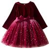 Mjjsk Vestito a maniche lunghe per bambine in velluto scintillante tulle vestito da principessa compleanno per bambini festivo casual abiti da festa vestito natalizio, Rosso, 6 anni