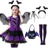 Moerstar Costume Pipistrello Bambina, Vestito Halloween Bambina Con Ali di Pipistrello, Con Fascia Borsa Bacchetta Magica Calzini, Vestito Vampirina per Halloween Carnevale (120)