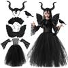 GTJEOI Malefica Costume per Bambina, 6 Pzs Vestito Malefica per Ragazza, Abito da Regina Cattiva con Copricapo Corna, Ali, Coprispalle di Piume, Maniche in Pizzo e Corvo Finto per Halloween Carnevale (140)