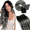 LaaVoo Extension Capelli Veri Tessitura Nero con Silver Naturale, 60 cm 100 g, Matassa Remy Umani Lisci, Leggere e Invisibili, per Feste e Quotidiano #1b-s-1b