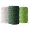 LEDENT Corda per macramè (2mm, 3x70M, bianco, verde scuro e verde chiaro) - Corda doppia ritorta per macramè in cotone riciclato al 100% per il macramè o il crafting - Set di 3 pezzi.