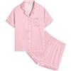 SWOMOG Pigiama in seta per ragazze, a maniche corte, con bottoni, 2 pezzi, in raso, con stampa, A righe rosa., 6-7 Years