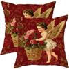Generic Set di 2 federe per cuscini con angelo, motivo floreale e rosa bordeaux, romantica decorazione per la casa, per inverno e San Valentino, stile vintage, per divano, letto, 40,6 x 40,6 cm