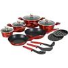 Herzberg - Batteria di Cucina 15 Pezzi, in Alluminio, Rivestimento in Marmo, Pentole, Padelle, Coperchi in Vetro, Utensili, Compatibile con Induzione, Rosso