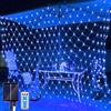SIOOUI Rete di luci solari per esterni, 1,5 m x 1,5 m, 96 LED, 8 modalità, luci a rete ad energia solare con telecomando, per decorazione da giardino, recinzione, cortile (blu)