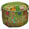 Sambhav Quilt Hub Pouf indiano poggiapiedi etnico ricamato indiano in cotone, rotondo, ottomano, cuscino etnico decorativo, solo copertura artistica (verde, 45,7 x 33,7 cm)