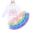 IBTOM CASTLE Neonato Primo Compleanno Bimba Abito Arcobaleno Maniche Corte Alfabeto Stampa Pagliaccetto+Tulle Gonna Tutu+Corona Fascia per Capelli Principessa Battesimo Vestito Arcobaleno+Manica Lunga 2 1Y