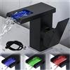GBKDQQ Rubinetto per bagno con luci a LED, colore nero, rubinetto a cascata, rubinetto per lavandino, rubinetto per acqua calda e fredda, moderno miscelatore monocomando per bagno (tubi da 60 cm inclusi)