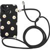 Kueqeay Custodia con Cordino per iPhone 15 Pro Max 6,7 Morbido TPU Bumper Cover del Modello Margherita Nero con Laccio Collana Silicone Antiurto Protettivo Case Cellulare Girocollo, 05