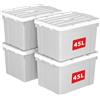 Cetomo 45L*4 Scatole di Stoccaggio in Plastica, Scatole Portaoggetti con Coperchio, Organizzatore con Manico, Contenitori per Casa e Ufficio, Impilabile, Resistente, Grigio, 45L - Confezione da 4