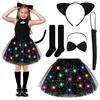 YUYWWAN Costume da Gatto Luminoso Bambina, Set Costume da Gattina Nera Bambina, 5 Pezzi con Gonna LED, Orecchie, Coda, Cravatta e Mantello, per Halloween, Carnevale e Feste a Tema (Nero-B)