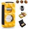 CIGARLOONG Tagliasigari in acciaio inox 4 in 1, a doppia lama, V-Cutter, perforatore per sigari, porta sigari con finitura a motivo, confezione regalo inclusa (giallo)
