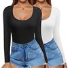 Ekouaer Maglia Termica Donna Maglietta Manica Lunga Invernale Slim T Shirt Basic Top con Scollo Quadrato Camicette, Nero+Bianco, XXL