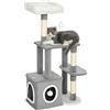 PawHut Albero Tiragraffi per Gatti con Casetta, Lettino e 2 Palline, Torre per Gatti in Truciolato, Peluche, Cotone PP e Sisal, 55x40x107 cm, Grigio e Bianco