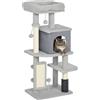 PawHut Albero Tiragraffi Multilivello Alto 104 cm, Palestra per Gatti con Casetta, Lettino per Gatti, Pali Tiragraffi, Piattaforma, Spazzola e Pallina, Dispositivo Antiribaltamento, Grigio Chiaro