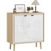 HOMCOM Credenza Cucina con 2 Ante, Mobile Cucina Moderno con Ripiano Regolabile e Piedi in Legno, Credenza Buffet per Soggiorno, Sala da Pranzo e Salotto, 72x35x77 cm, Bianco Lucido e Rovere