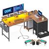 ODK Scrivania Angolare Reversibile, Scrivania da Gaming con LED, Scrivania a L con 4 Cassetti, Tavolo a Forma di L con 2 Porte di Ricarica USB e 2 Prese di Corrente per Ufficio, Marrone, 140x80x84.7cm