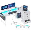 ODK Scrivania Gaming Angolare, 140x80x84.7cm Scrivania Angolare Reversibile con 4 Cassetti, Tavolo a Forma di L con LED e 2 Porte di Ricarica USB e 2 Prese di Corrente per Casa Ufficio, Bianco